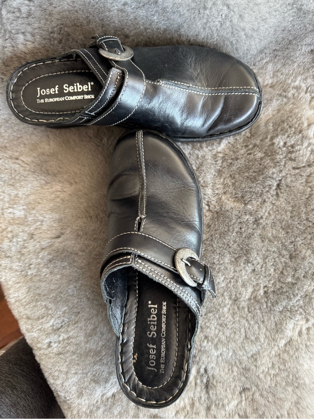 Josef Seibel Black Leather European Slip-On Clog with Contrast Stitching